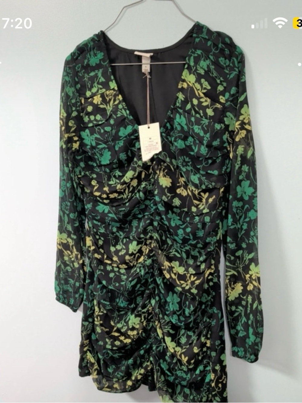 NWT A New Day Women's Medium Black Green Floral Ruched Mini Dress Long Sleeve V-